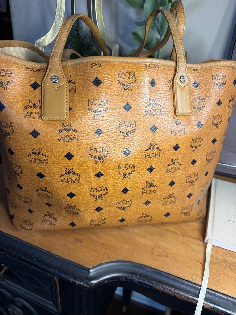 MCM Cognac Visetos Tote with Lime Accent w/matching wallet - Picture 3 of 10